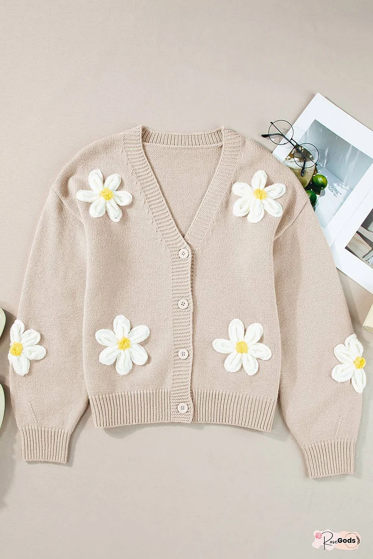 Elegant Flower Decor Button Front Cardigan