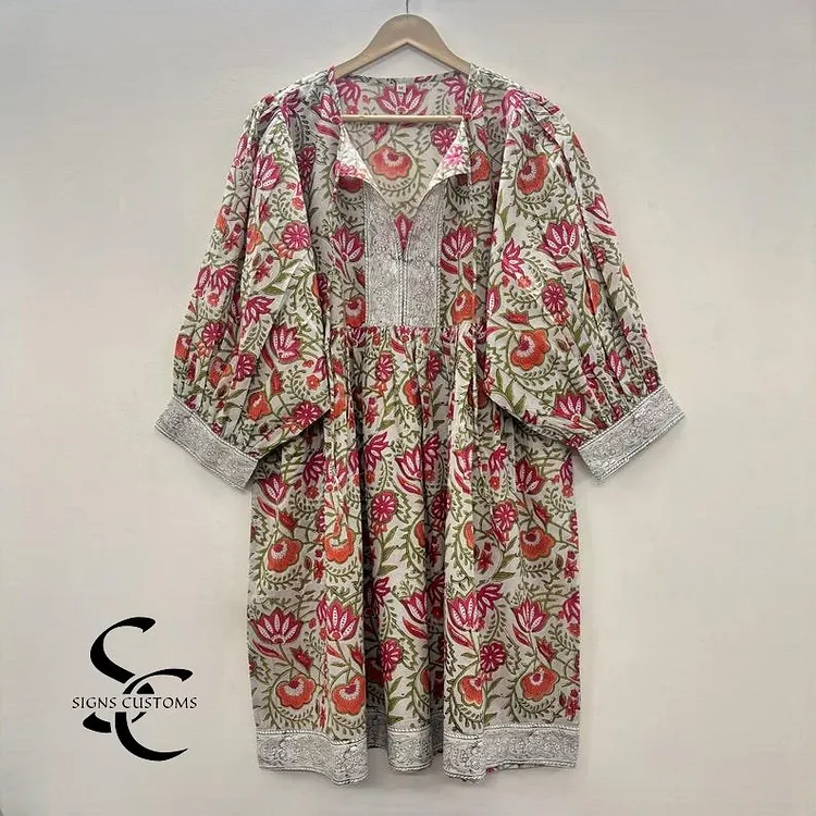 Blue Floral Block Print Soft Cotton Woman Midi Dress &ndash; Summer Tunic for Women with String Closure