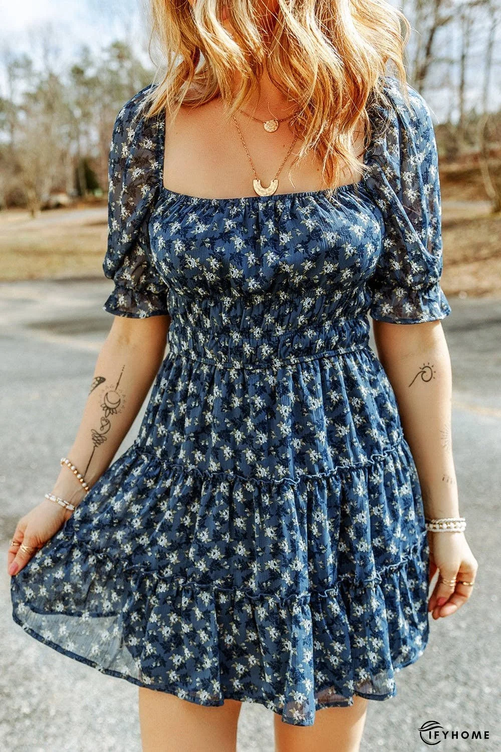 Printed Square Neck Short Sleeve Dress | IFYHOME
