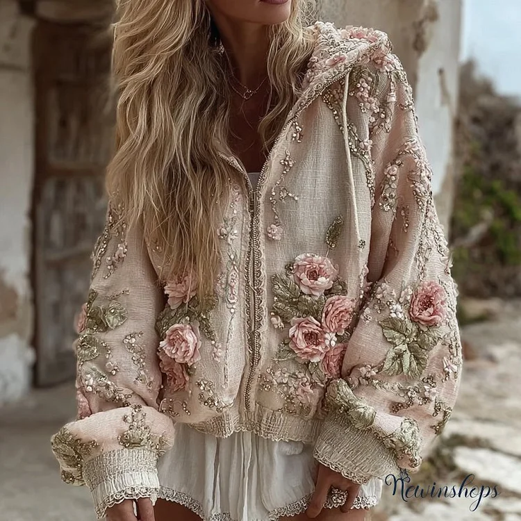 Women's Vintage Rose Embroidery Art Long Sleeve Casual Zip-up Hoodie