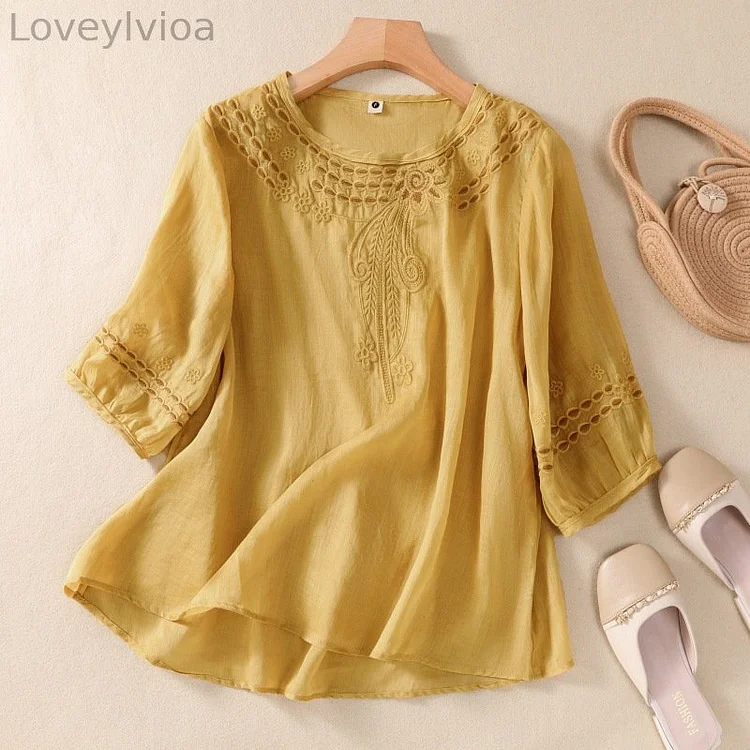 Vintage Cotton Linen Hand Embroidered Top