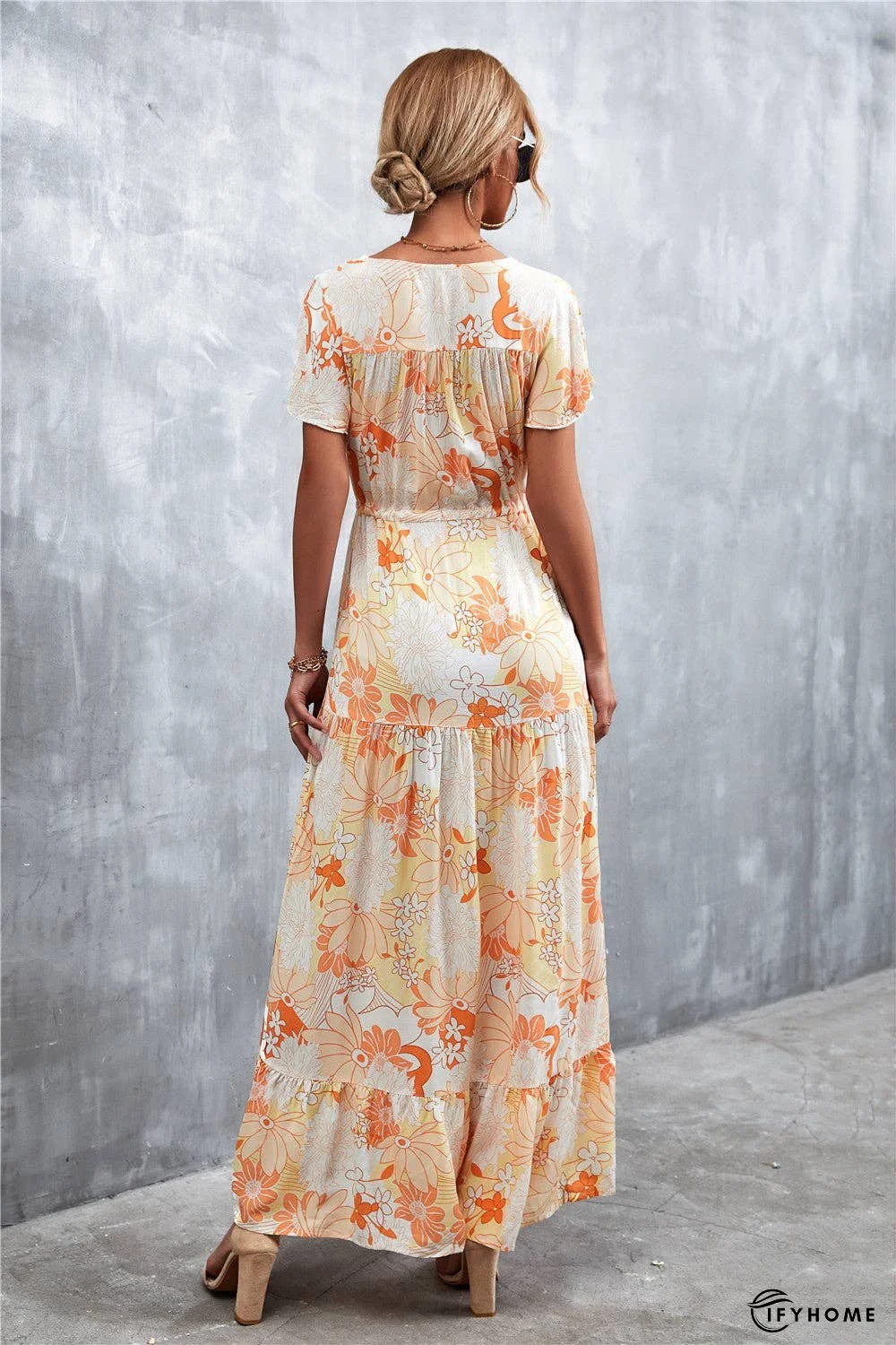 Floral Buttoned Drawstring Waist Tiered Dress | IFYHOME