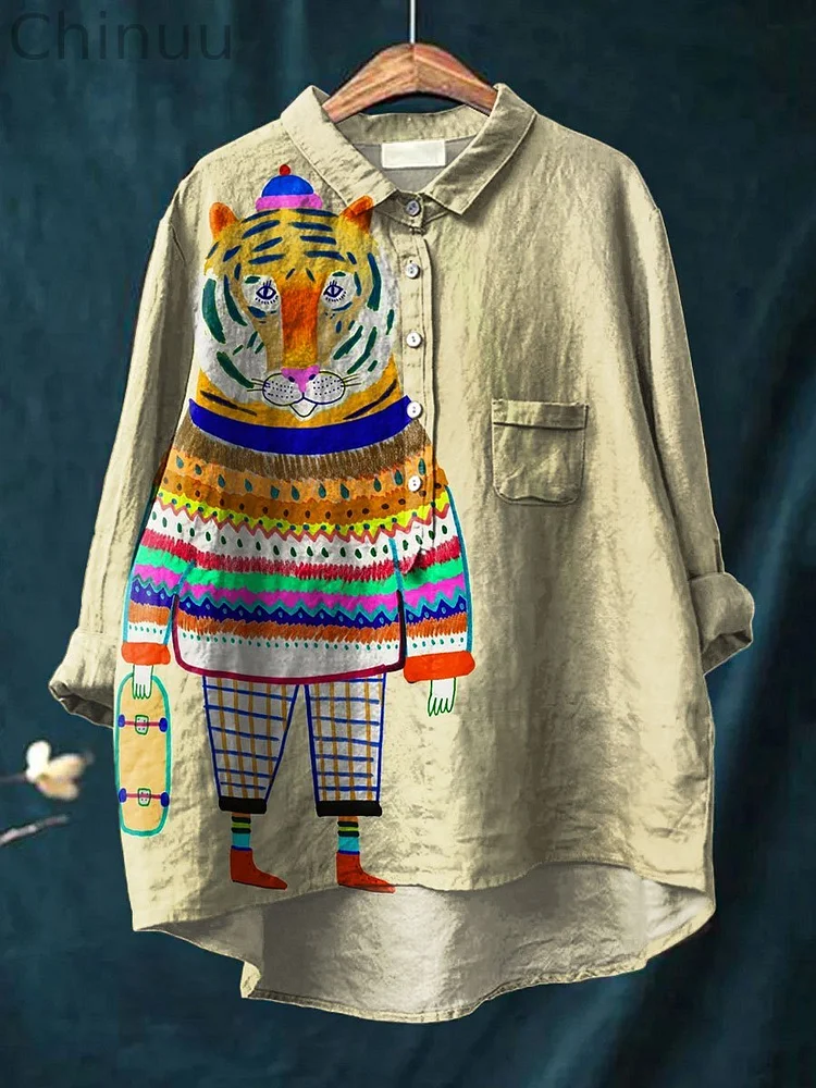 Women's Vintage Tiger Colourful Canvas Print Casual Cotton And Linen Shirt