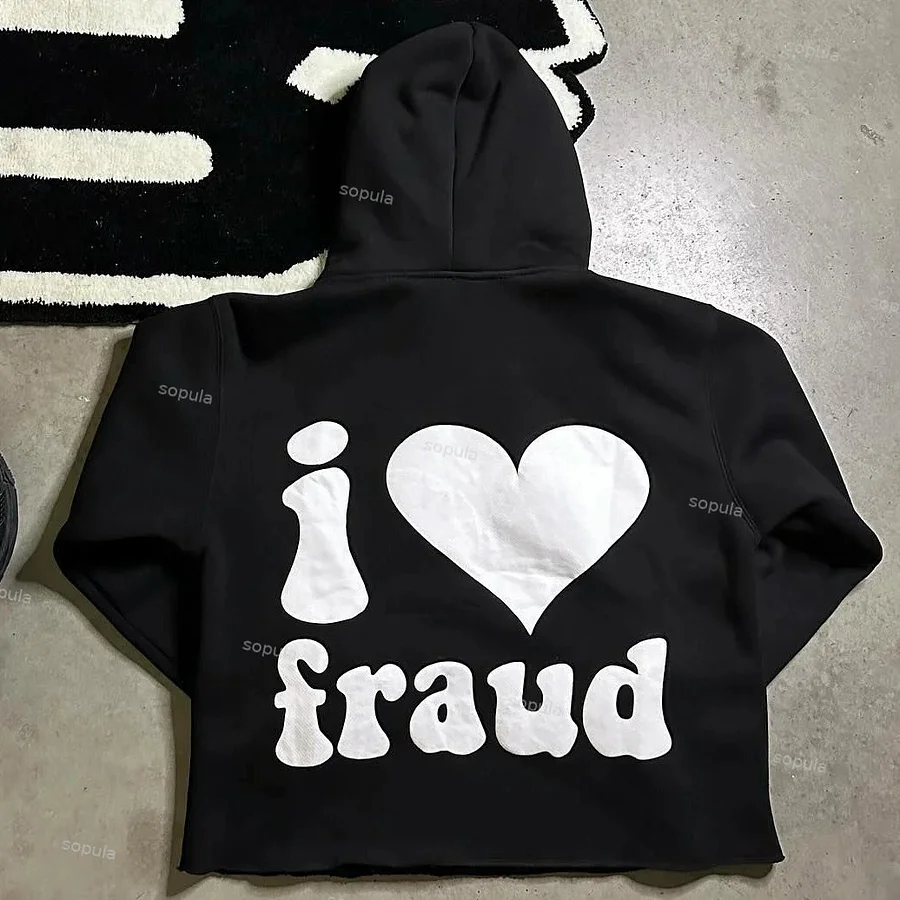 Sopula I Love Fraud Graphic Oversized Cropped Hoodie