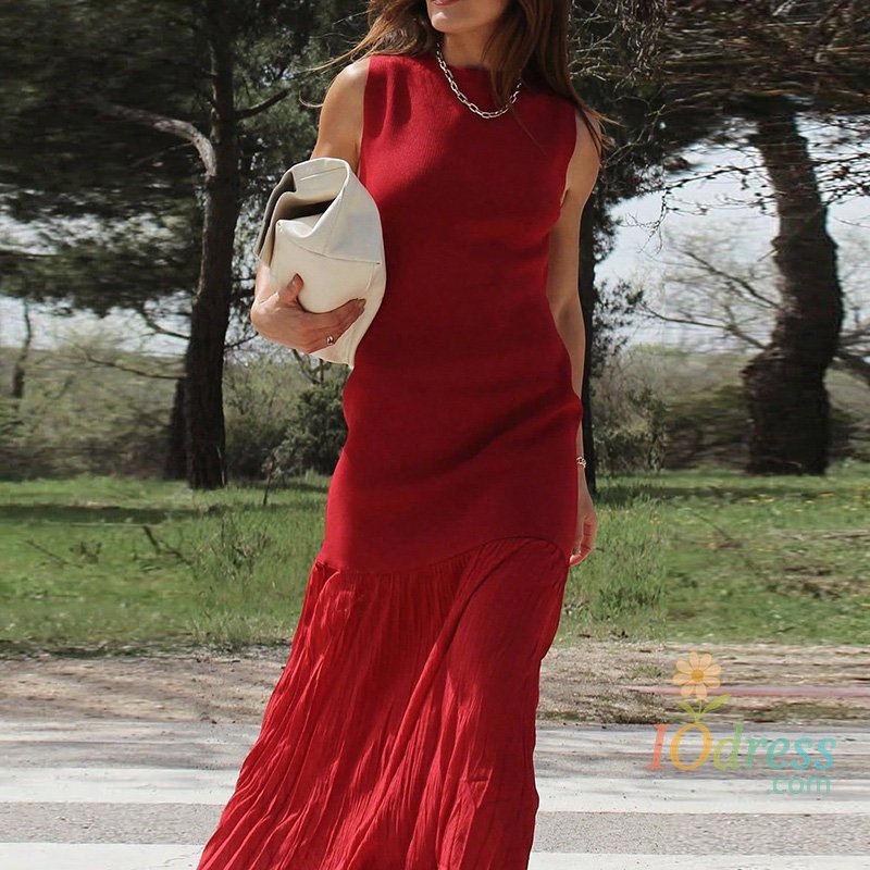 IO Dress Simple Spring Solid Slim Knitted Long Dress Women Round Neck Patchwork Pleated Dress Summer Sleeveless Tank Bohemian Dress Mujer IO Dress