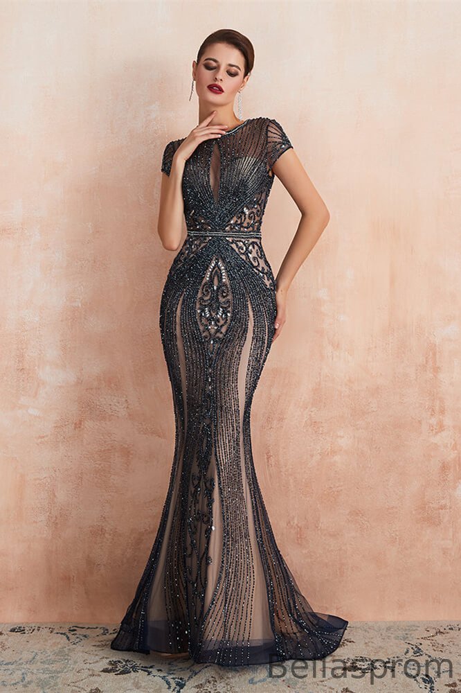 Bellasprom Short Sleeves Mermaid Evening Dress Beadings Keyhole Bellasprom