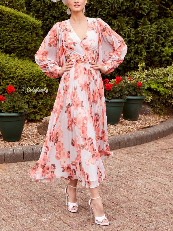 V-Neck Printed Long-Sleeved Maxi Dress