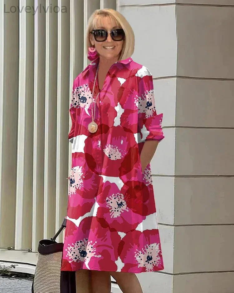 Spring and Summer Floral Long Sleeve Pocket Shirt Dress