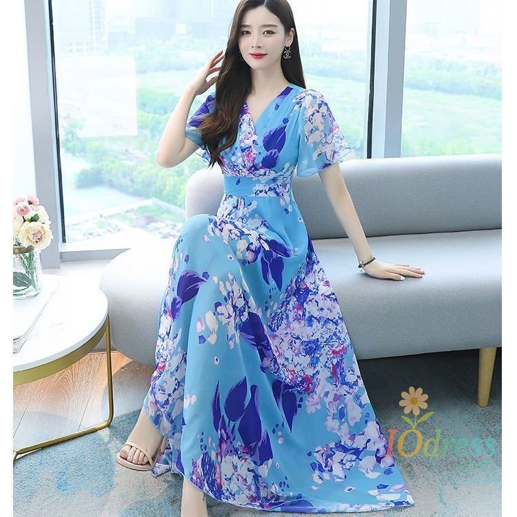 IO Dress Ladies Bohemia Printing V-neck Floral Dress Spring Summer Vintage Irregular Long Dress Women Clothing Corset Slim Elegant Dress