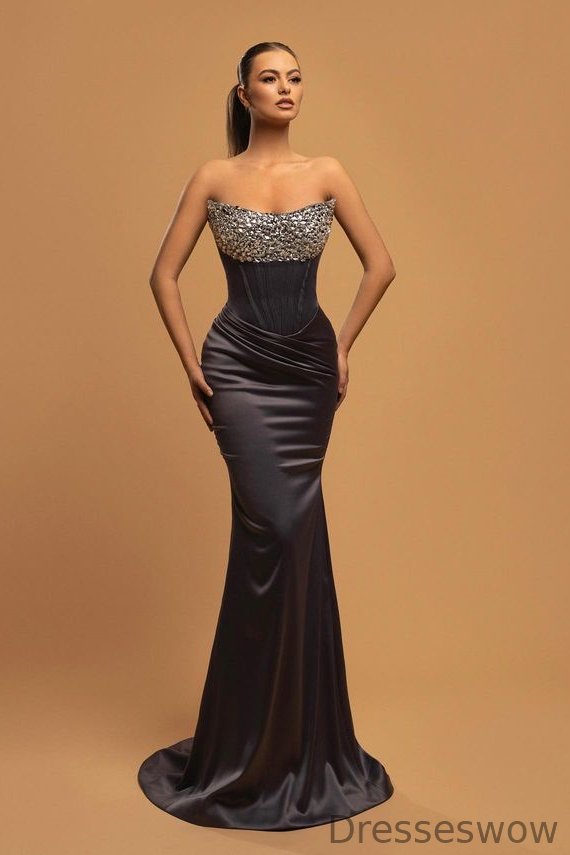 Dresseswow Strapless Mermaid Prom Dress Sleeveless Long With Crystal