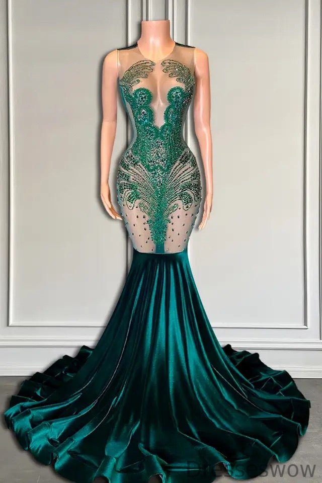 Dresseswow Emerald Green Sleeveless Mermaid Evening Dress Long With Beadings