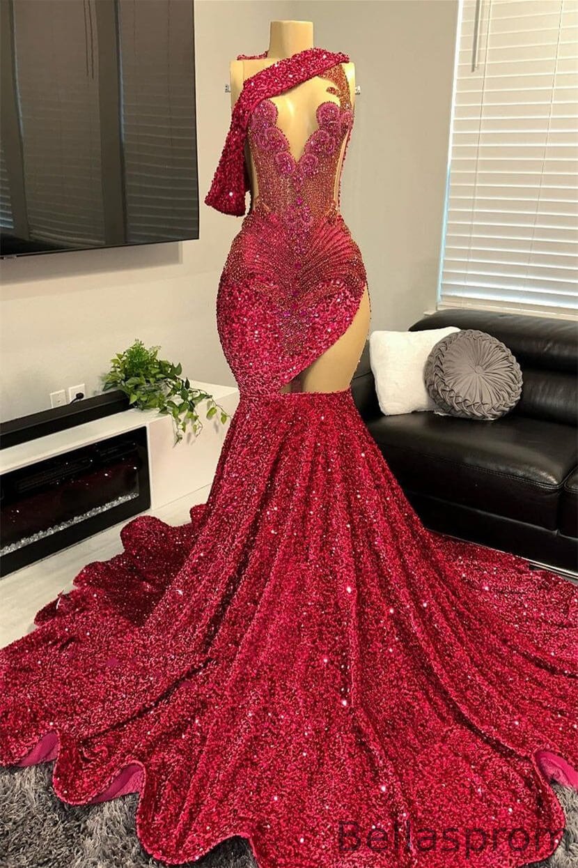 Bellasprom Fuchsia Sleeveless Mermaid Prom Dress With Split Sequins Beadings Bellasprom