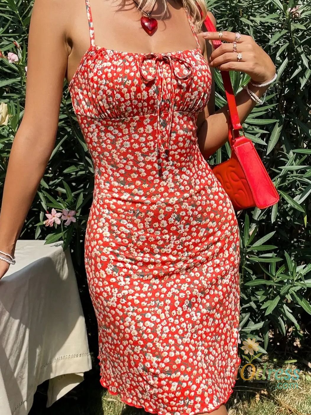 IO Dress A stylish red printed suspender floral dress is perfect for summer days outing