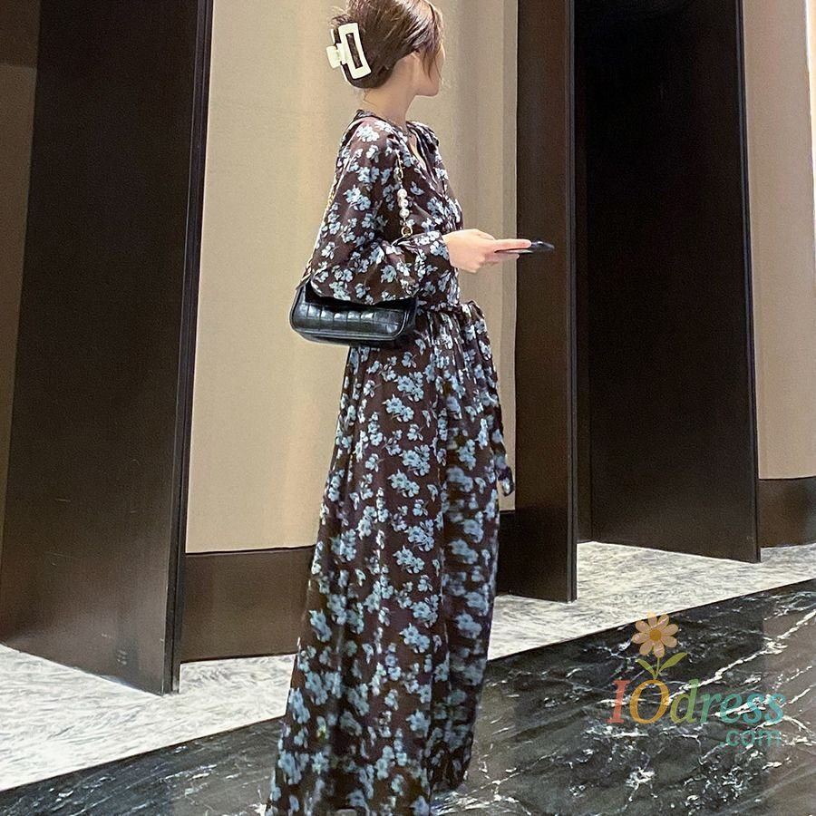 IO Dress New French Floral Dress with Autumn and Winter Women's Temperament Waist-hugging and Slim Long-sleeved Slit Skirt