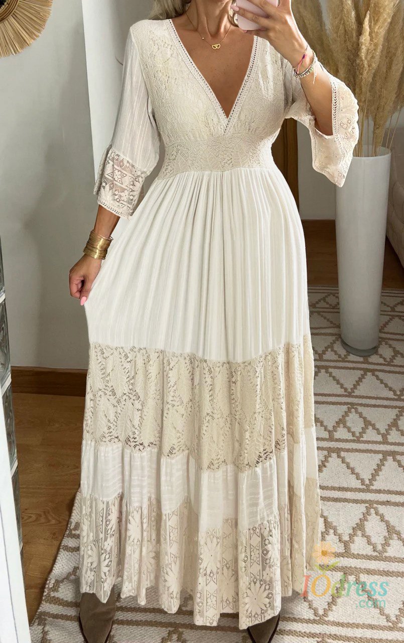 IO Dress Women Fall Casual Long Dress Floral Print Lace V-Neck Long Sleeve Dress Fashion Holiday Maxi Dress Elegant Classics Versatility IO Dress