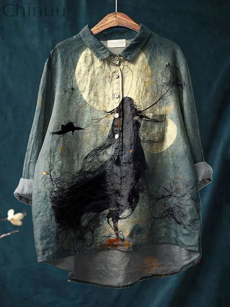 Vintage Lovely Witch Art Print Casual Cotton And Linen Shirt