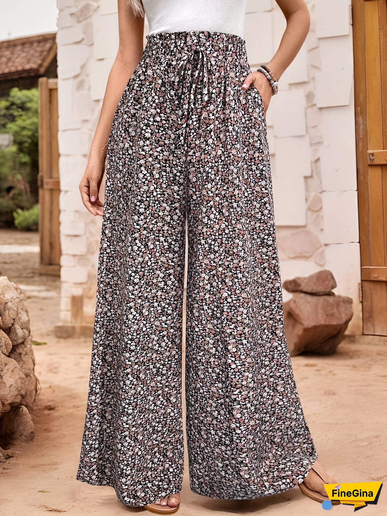 [Floral Print Casual Pants] Lightweight Floral Print Casual Pants - Women's Loose Fit Drawstring Waist Wide-Leg Trousers for Spring/Summer, Machine Washable Black & White Floral Design