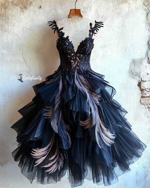 Summer fashion trendy feather theme print irregular multi-layer dress 7668