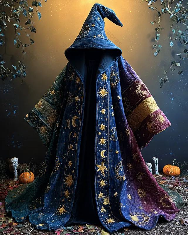 Magic cloak with star and moon embroidery and contrasting colors 6a13