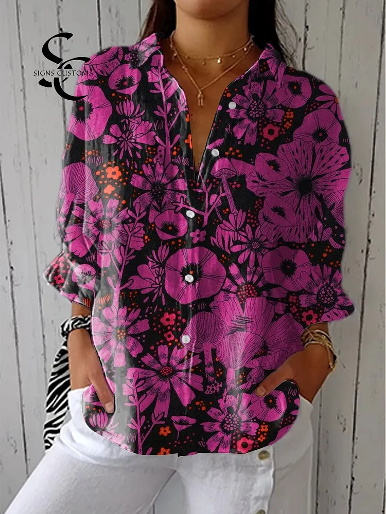 Women's Vintage Floral Art Print Casual Linen V-neck Shirt
