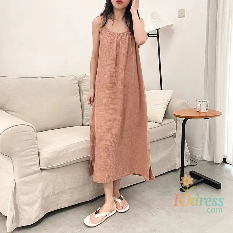IO Dress Retro 100% Cotton Muslin Women'S Summer Dress Casual Solid Sleeveless Adjustable Strap Side Spilt Holiday Beach Sundress IO Dress
