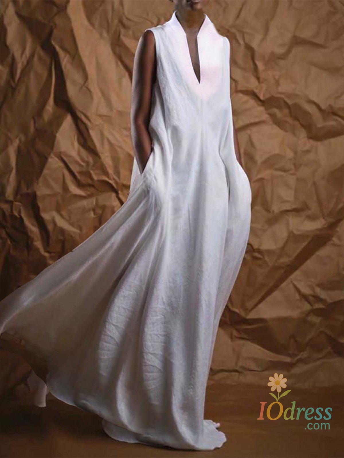 IO Dress Elegant Women's Deep V Neck Sleeveless Linen Maxi Dress Casual Streetwear Fashion Long Flowy Plain Dress