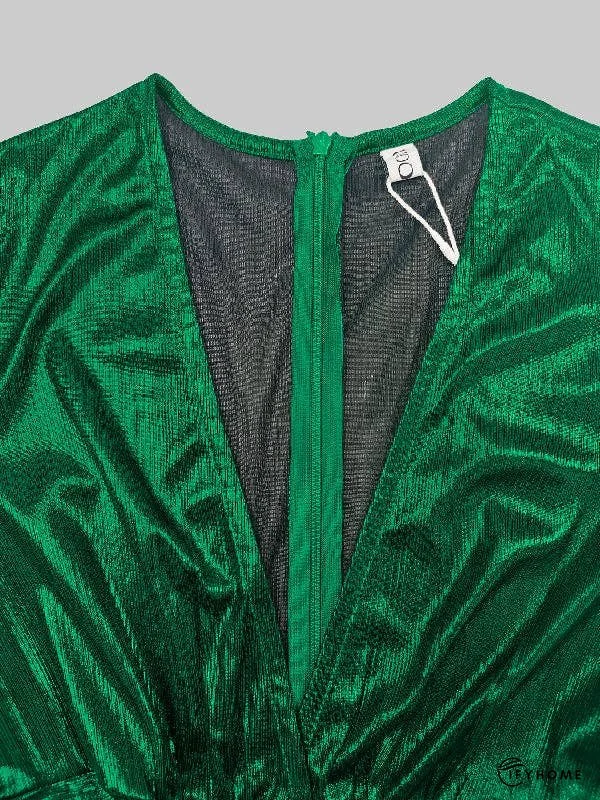 High Waisted Three-Quarter Sleeves Pleated Solid Color Deep V-Neck Jumpsuits | IFYHOME