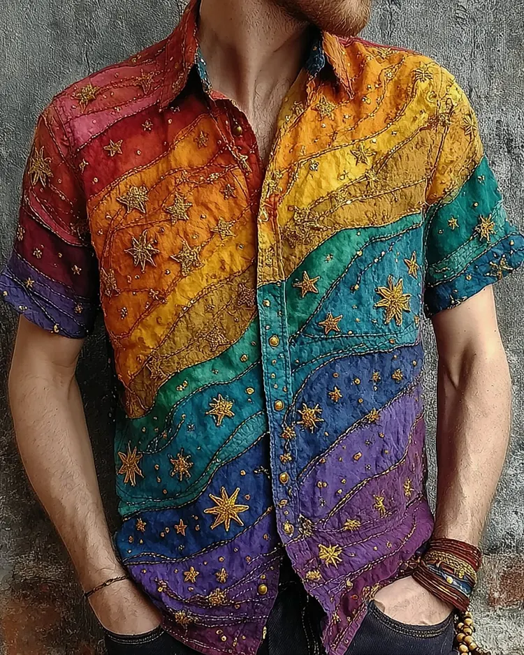 Men's Summer Fashion Rainbow-Colored Star and Moon Embroidered Linen Short-Sleeve Top 4614