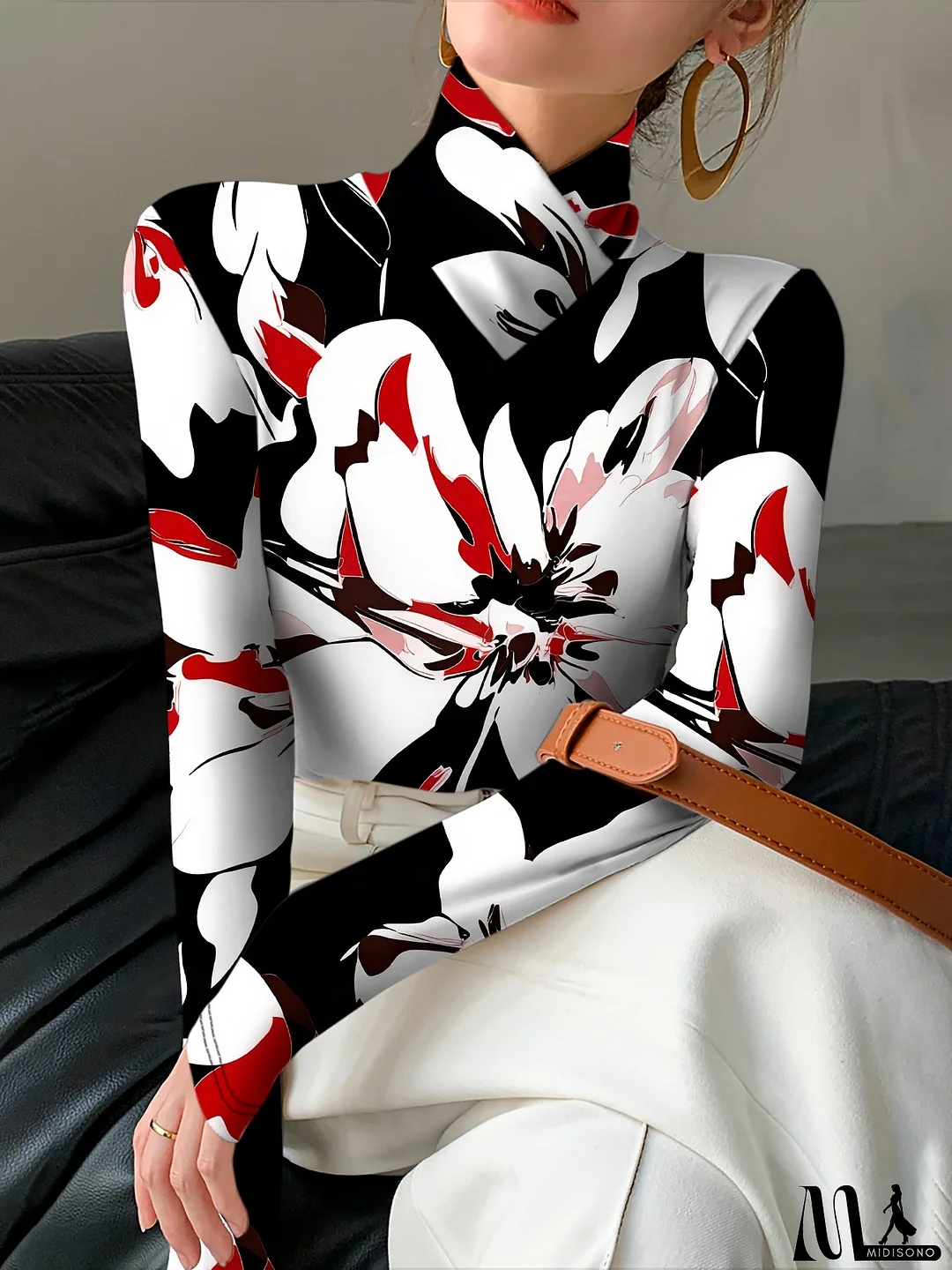 [High Neck Floral Turtleneck Top] Women‘s Sexy Floral Print Turtleneck Long Sleeve T-Shirt, Polyester Knit Fabric, High Neck Regular Length Top for Fall/Winter