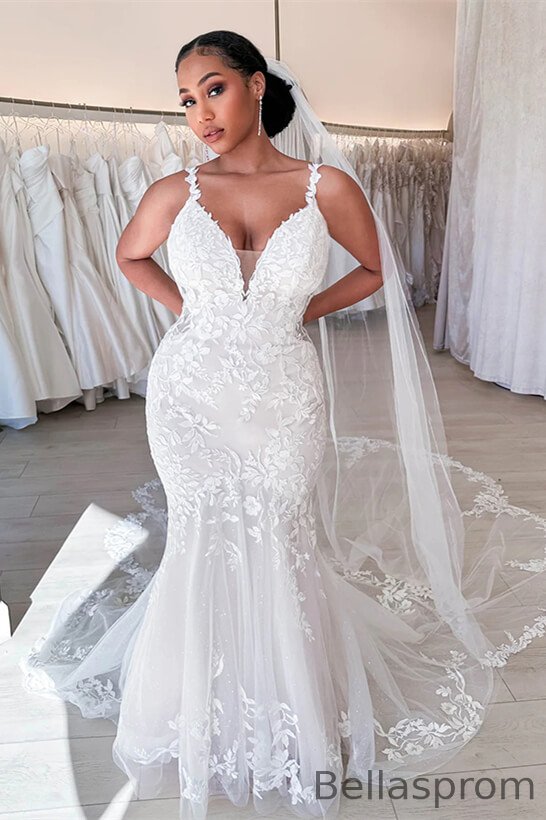 Bellasprom V-Neck Sleeveless Mermaid Wedding Dress With Lace Appliques Online Bellasprom