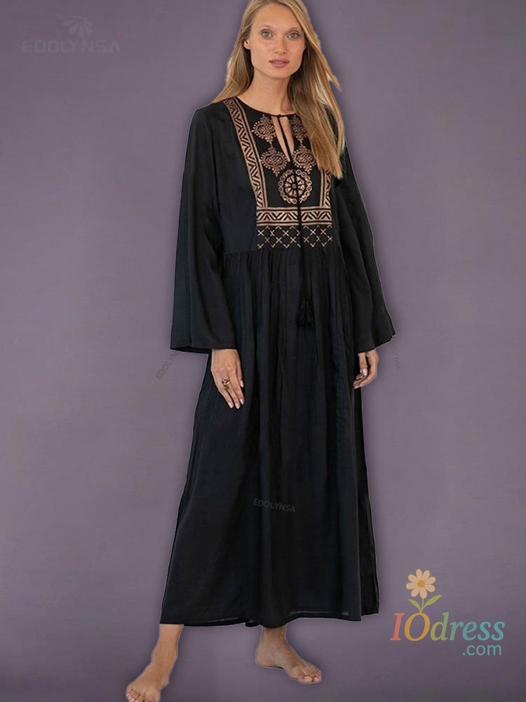 IO Dress 2025 Quick-drying Bohemian Printed Loose Summer Beach Dress Moroccan Kaftan Women Plus Size Beachwear Tassel Midi Dress Q897 IO Dress Store