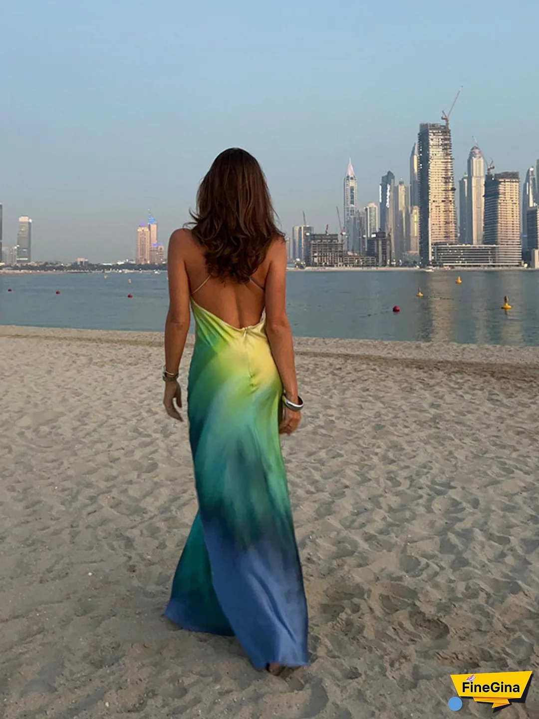 Women's Summer Long Dress Gradient Color V-Neck Backless Beach Party Sling Dress