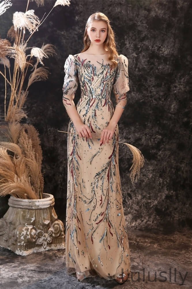 Luluslly Half Sleeves Sequins Mermaid Evening Gown Long Sheer