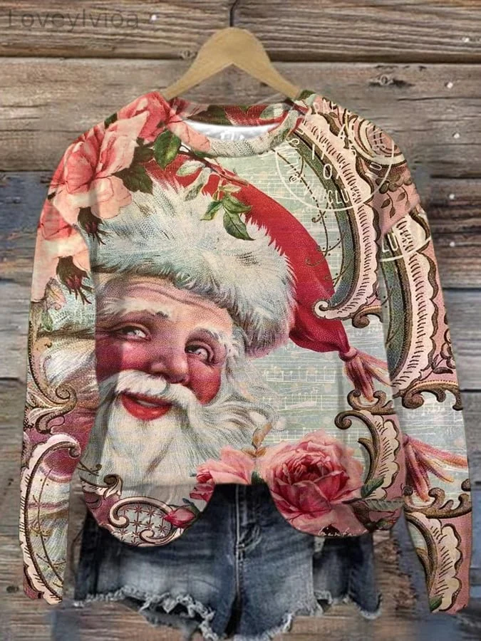 Women'S Vintage Santa Print Long Sleeve Sweatshirt