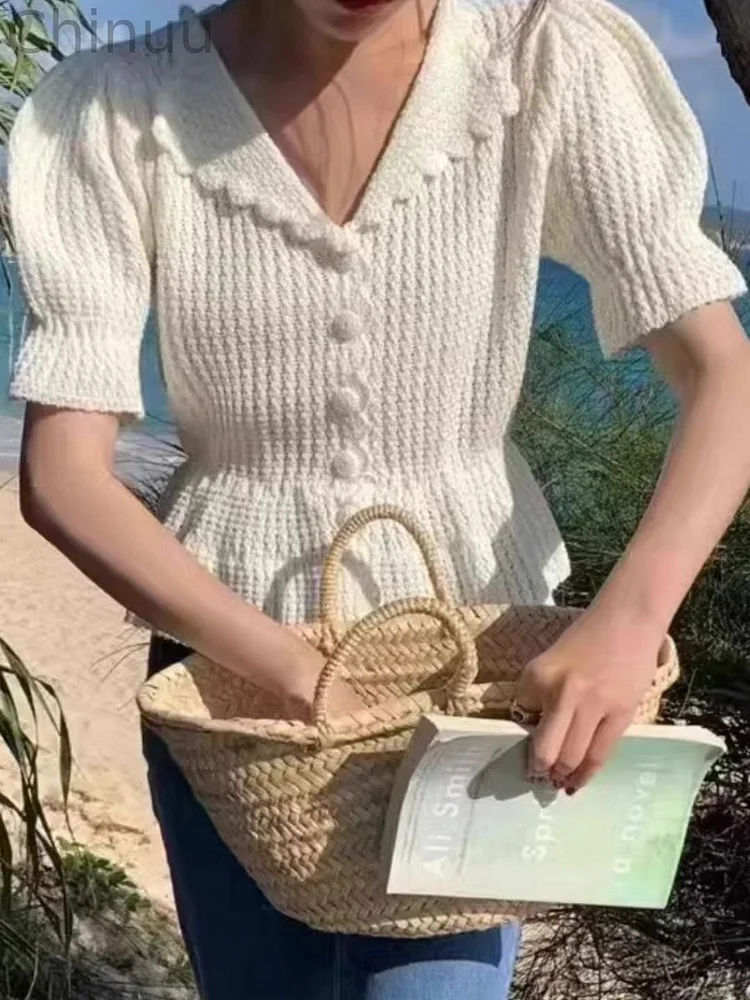 V-neck Knitted Hollow Short Sleeves - White