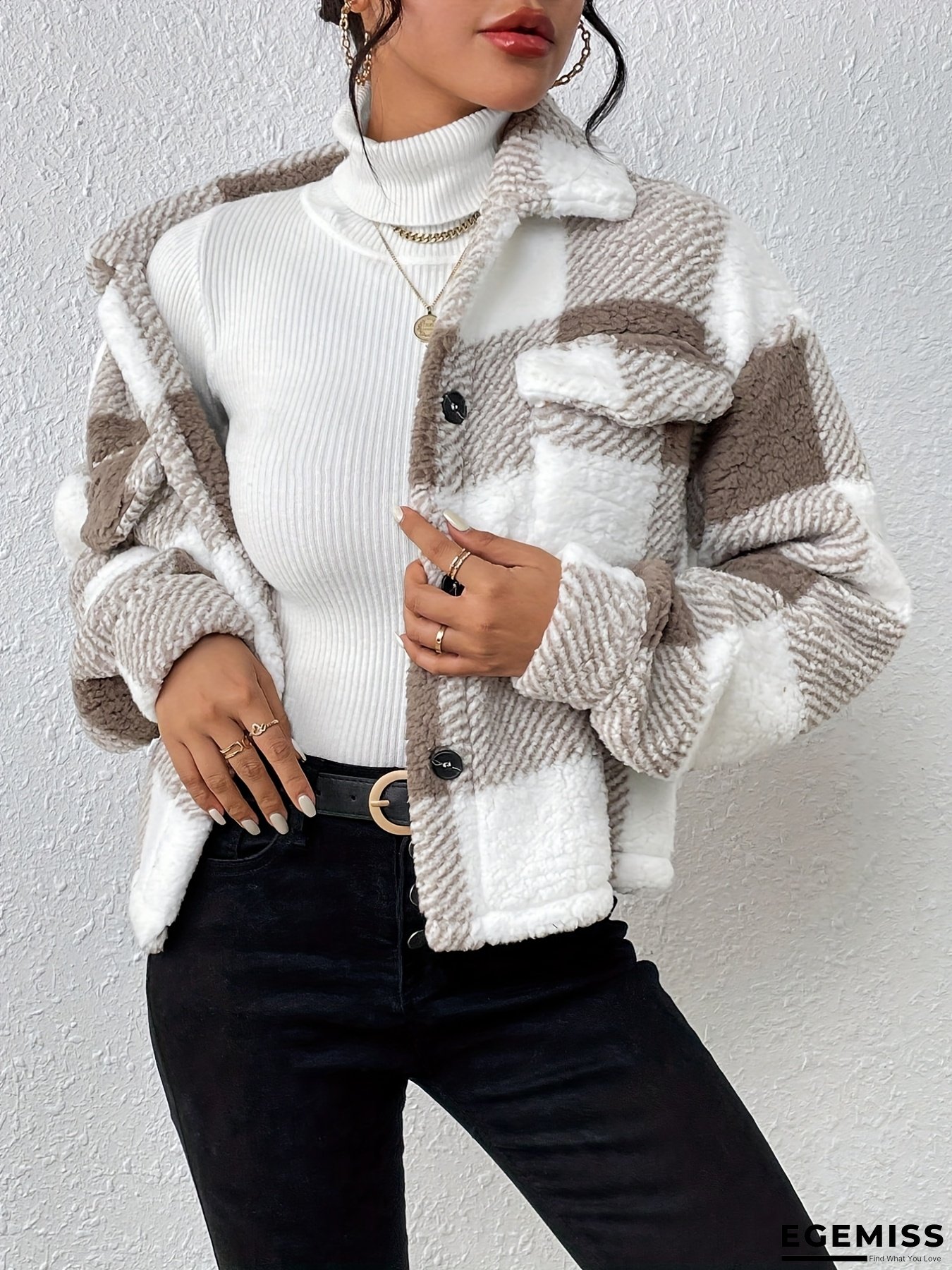 Women&lsquo;s Elegant Black & White Plaid Jacket - Structured Blazer-like Coat with Flap Pockets, Chic Outerwear for Fall/Winter, Office, Party, Everyday Outfits - Women&lsquo;s Fashion Outerwear, Party Attire, Classic Lapel Collar, Textured Fabric, Office Wear | EGEMISS