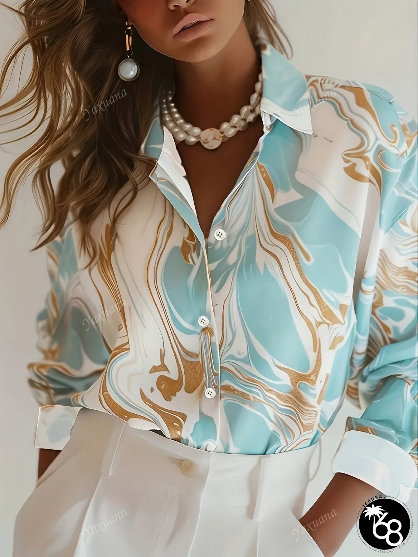 Womens Elegant Turquoise Gold Marble Print Casual Shirt Structured Collar Long Sleeve | 168DEAL