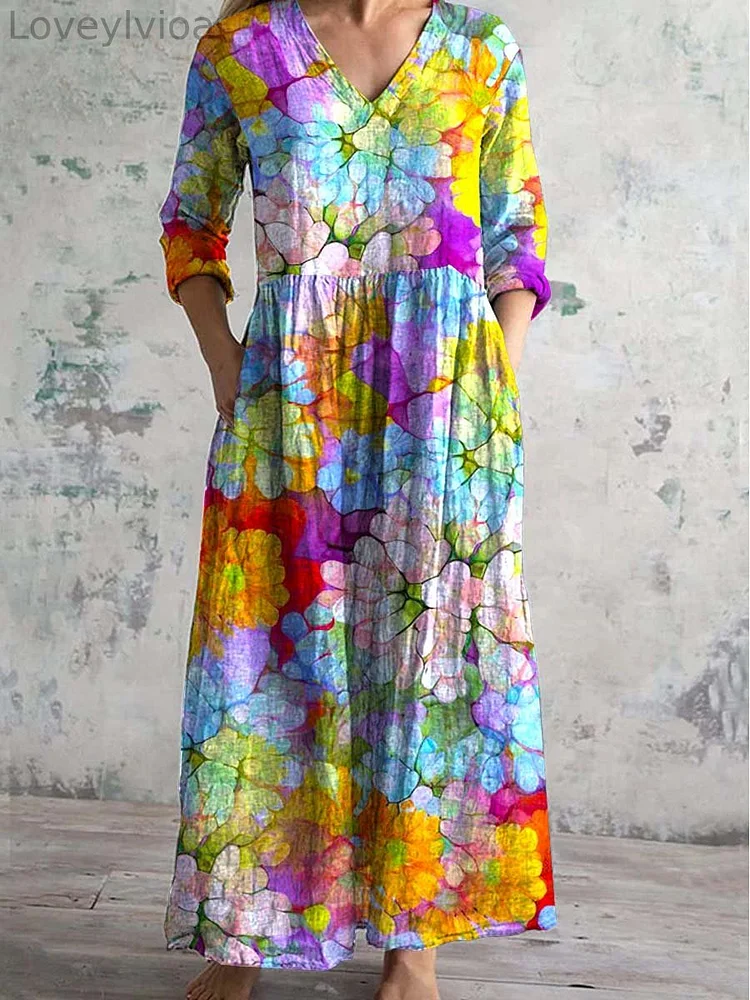Women's V-neck Rainbow Floral Cotton And Linen Dress With Pockets