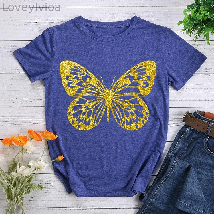 golden butterfly Round Neck T-shirt-0023473