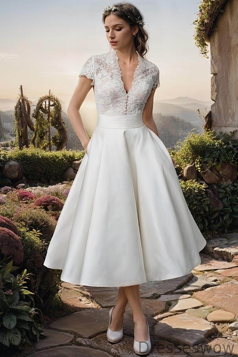 Dresseswow Short Sleeves Lace Wedding Dress A-Line V-Neck With Pockets