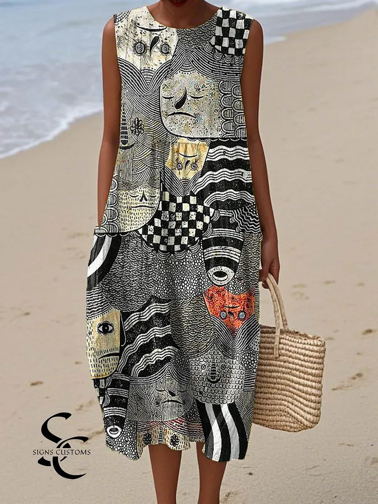 Women's Abstract Figure Pattern Art Print Sleeveless Cotton Pocket Wrap Dress