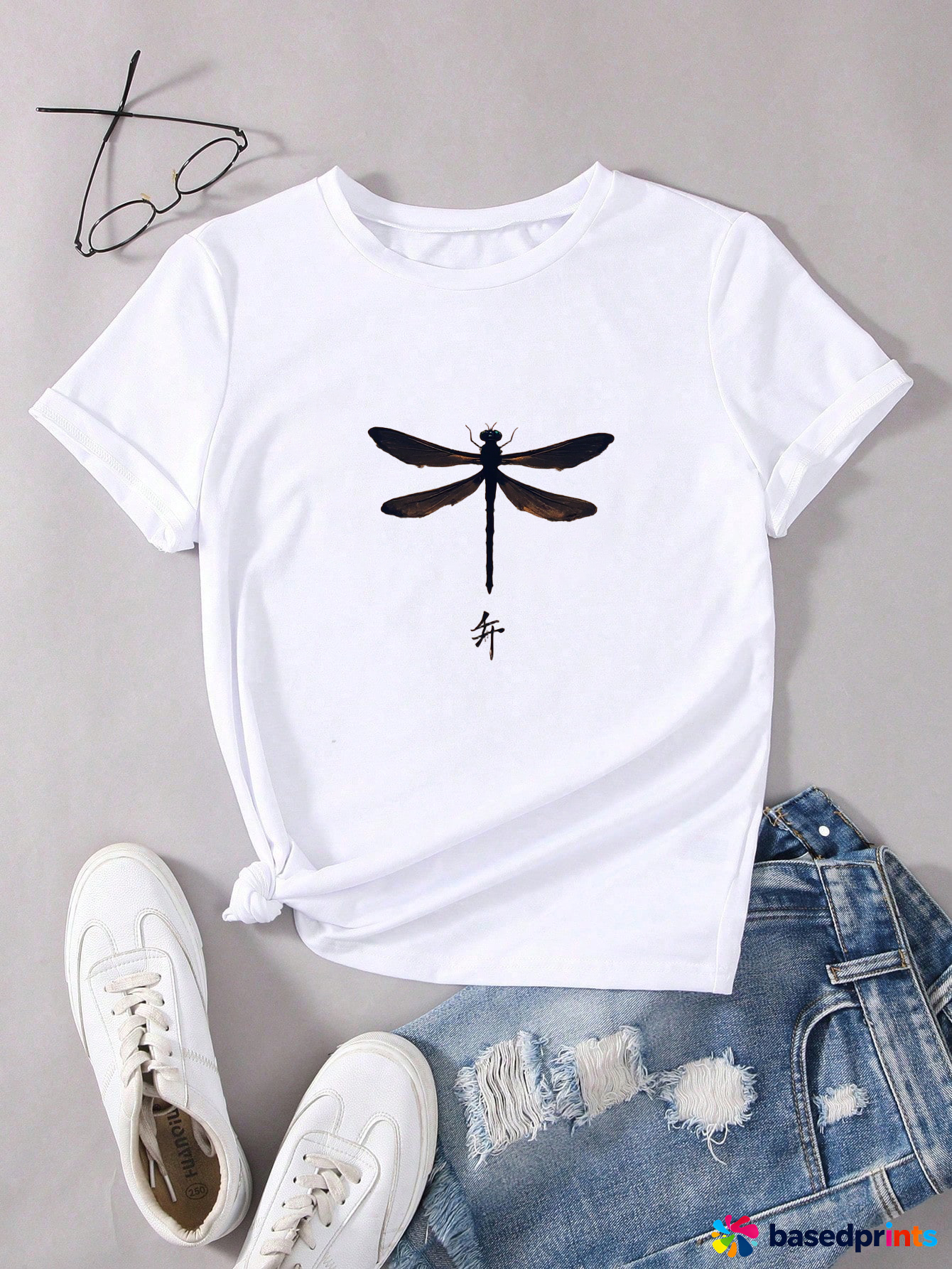 White Dragonfly Print T-Shirt Women Casual Short Sleeve Tee Tops