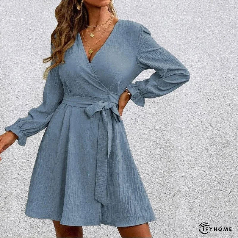 V-Neck Long Sleeves Solid Color Waist Tied Mini Dress | IFYHOME