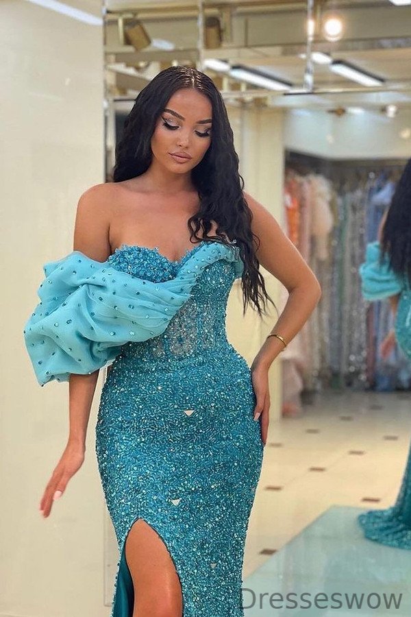 Dresseswow One Shoulder Blue Mermaid Evening Dress High Split With Beads