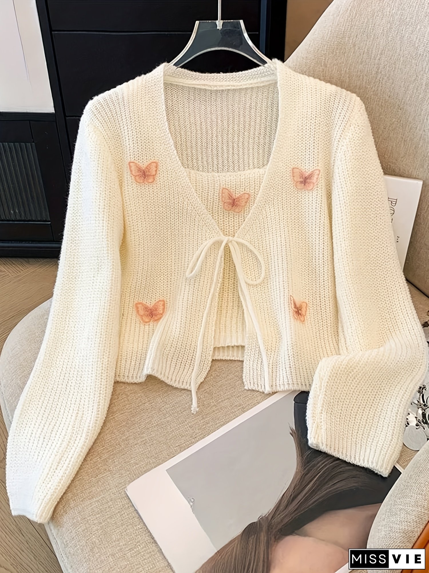 Women's Butterfly Cardigan Vest Set, Tie-Back V-Neck Sweet Style Open Front Sweater, Casual Outdoor Beachwear for Spring and Autumn