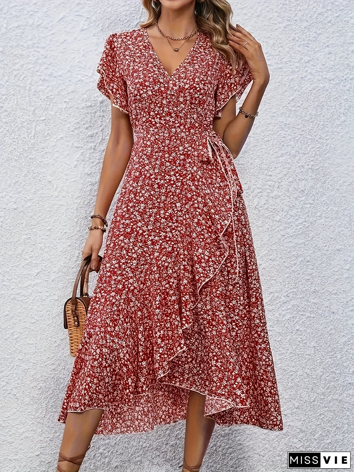 Women's Boho Floral V-Neck Maxi Dress - Elegant Ruffle Hem, High Waist Wrap Style, Short Sleeve, Red Floral Print, Perfect for Beach, Party, or Casual Outings, Casual Summer Dress | Floral Maxi Dress | Wrap Style Dress, Cute Dresses