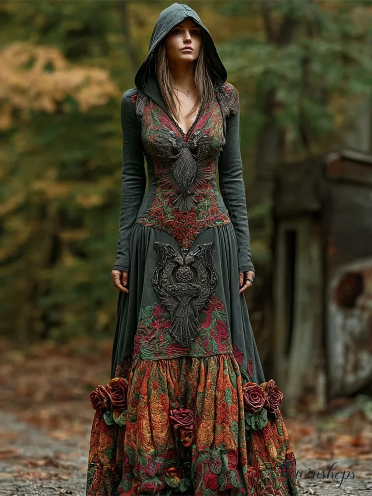 Halloween Vintage Rose Dark Art Women's Long-sleeve Hooded Maxi Dress