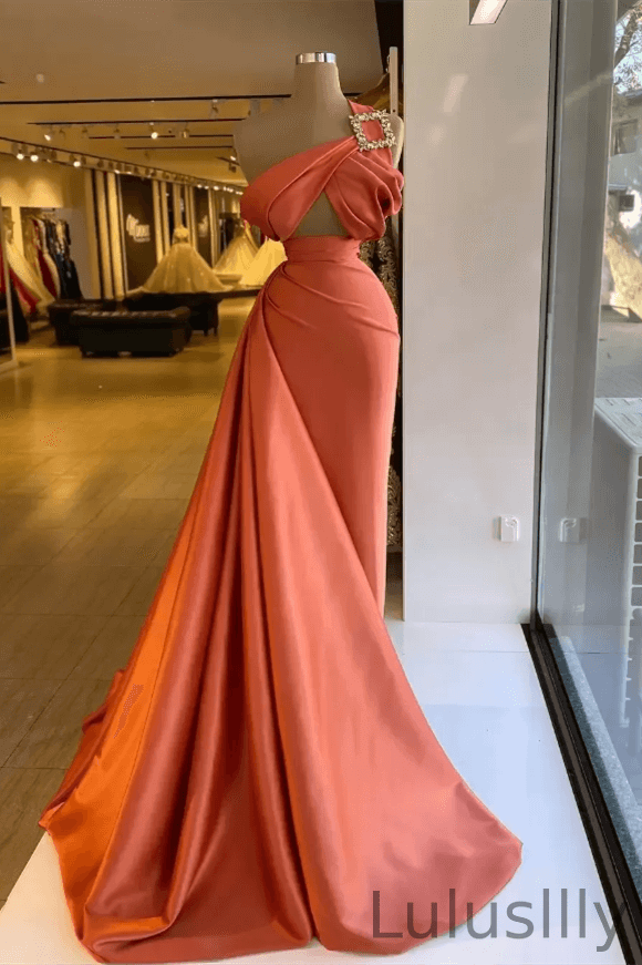 Glamorous Burnt Orange One Shoulder Sleeveless Mermaid Formal Dresses With Ruffles Online - lulusllly