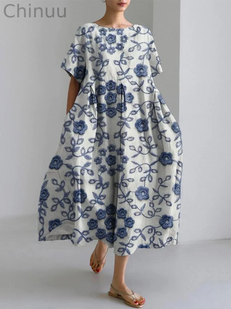 Embroidery Floral Splicing Design Linen Blend Dress