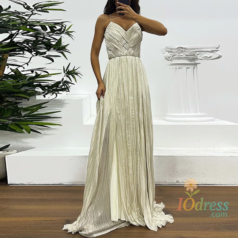 IO Dress Elegant V-neck High Waist Cocktail Party Dress Summer Sleeveless Camisole Women's Prom Dress Casual Pleated Split Long Dresses